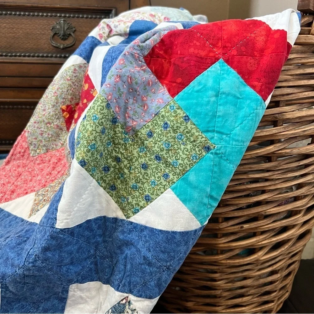 72”x88” Twin Size Handmade Patchwork Cotton Quilt. Simple Shabby Chic.